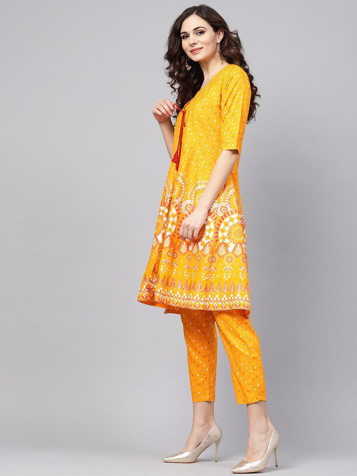Yellow Printed Cotton Kurta Set With Jacket