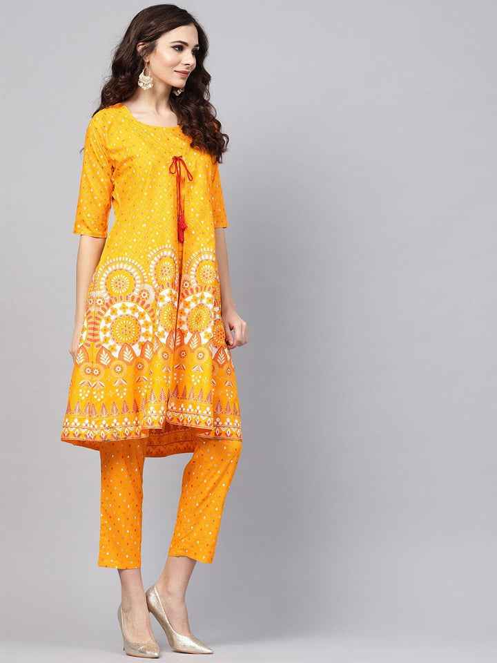 Yellow Printed Cotton Kurta Set With Jacket
