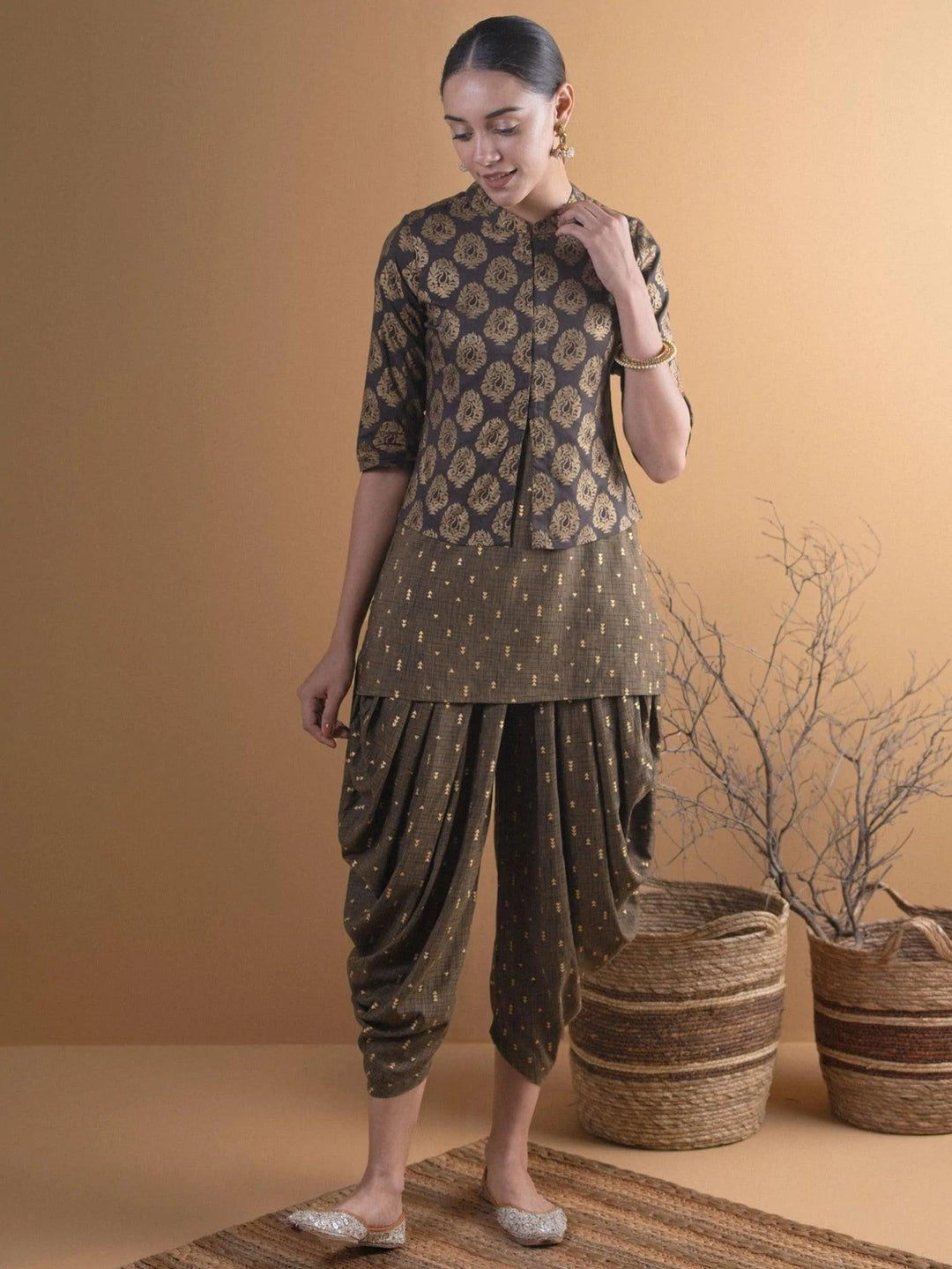 Olive Brown Printed Rayon Kurta Set With Jacket - ShopLibas
