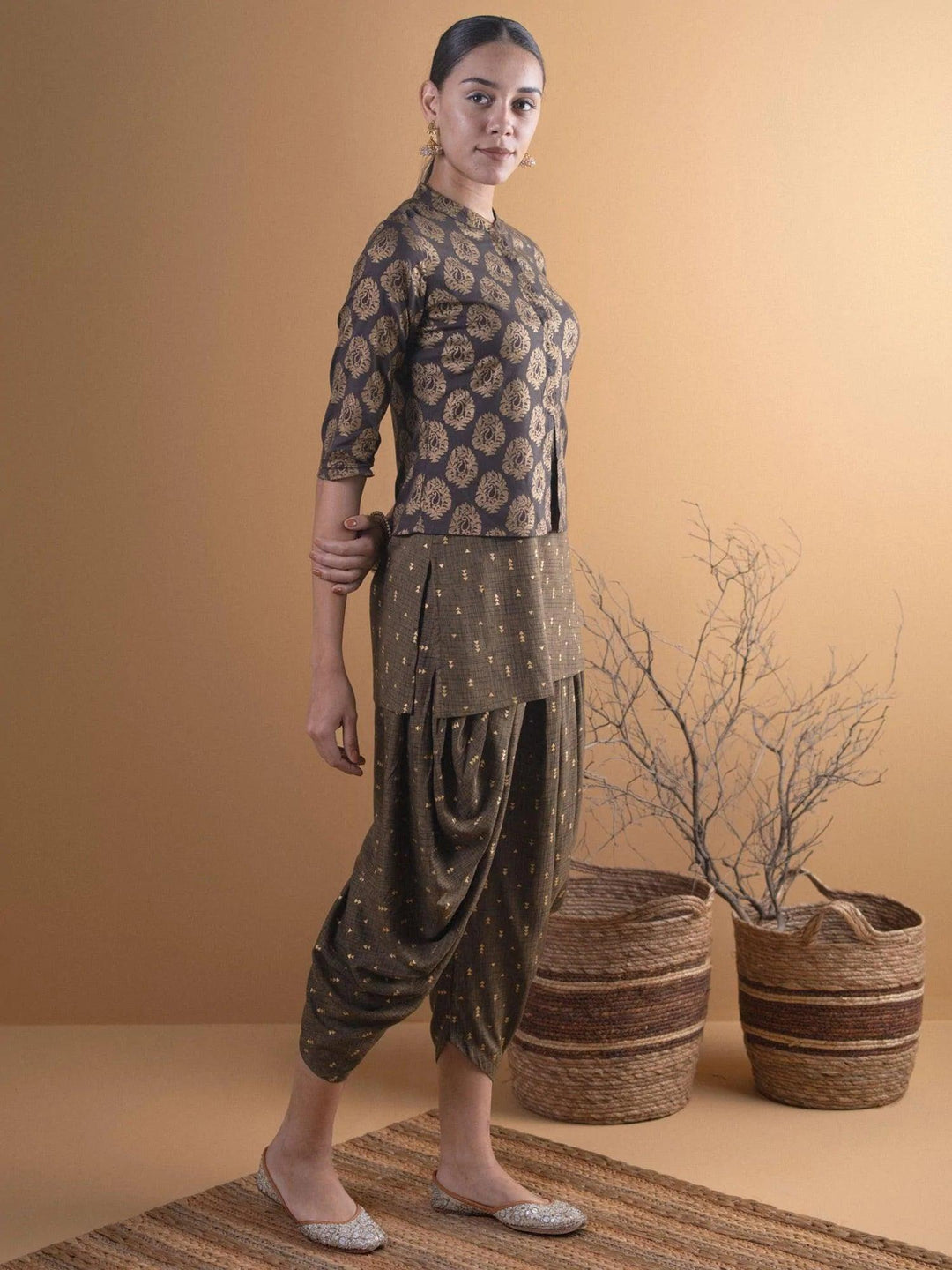 Olive Brown Printed Rayon Kurta Set With Jacket - ShopLibas