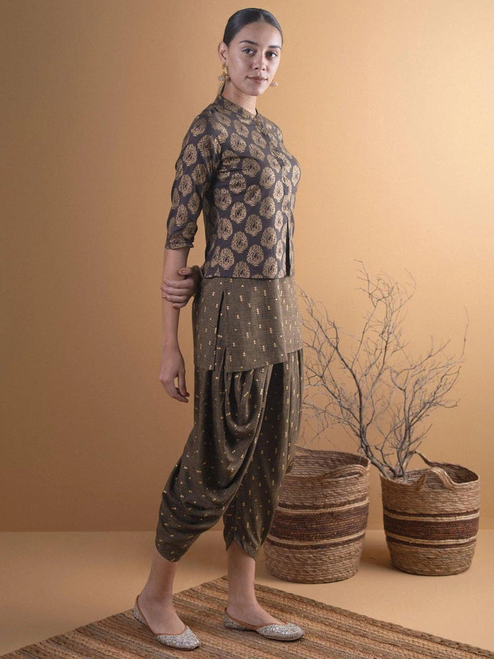 Olive Brown Printed Rayon Kurta Set With Jacket