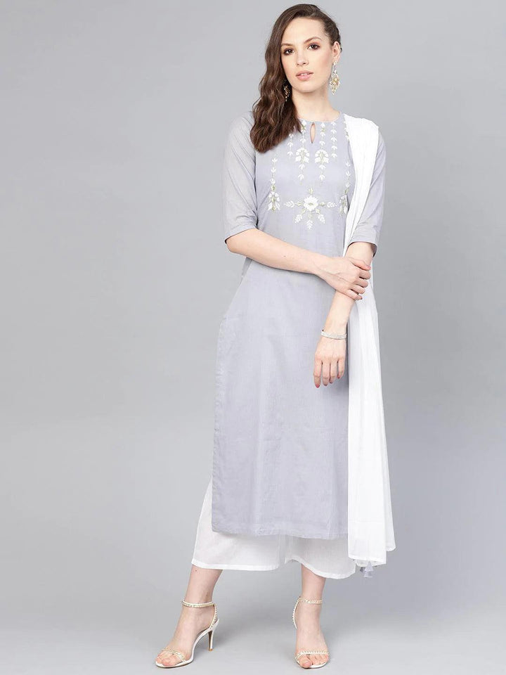 Grey Embroidered Cotton Suit Set