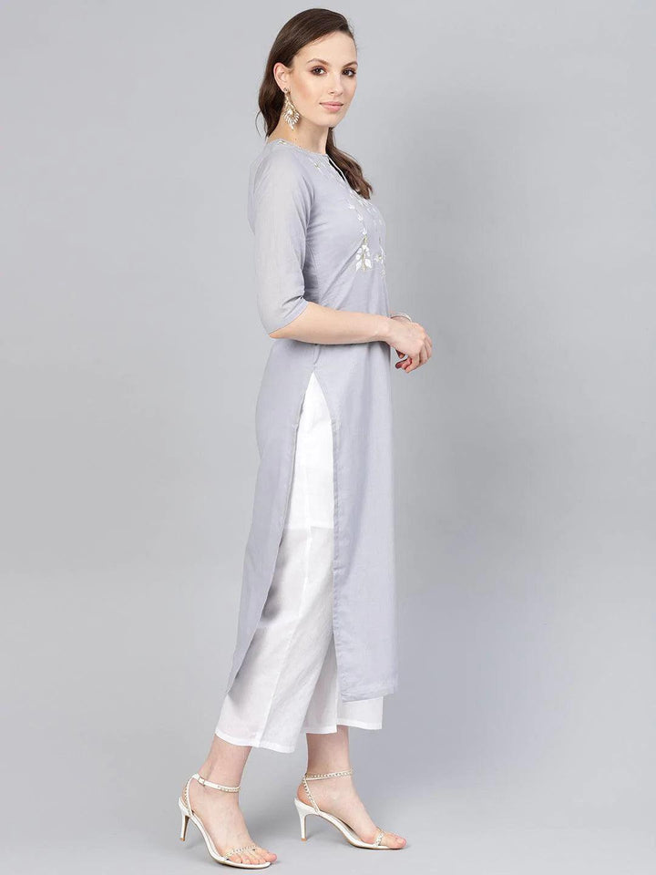 Grey Embroidered Cotton Suit Set