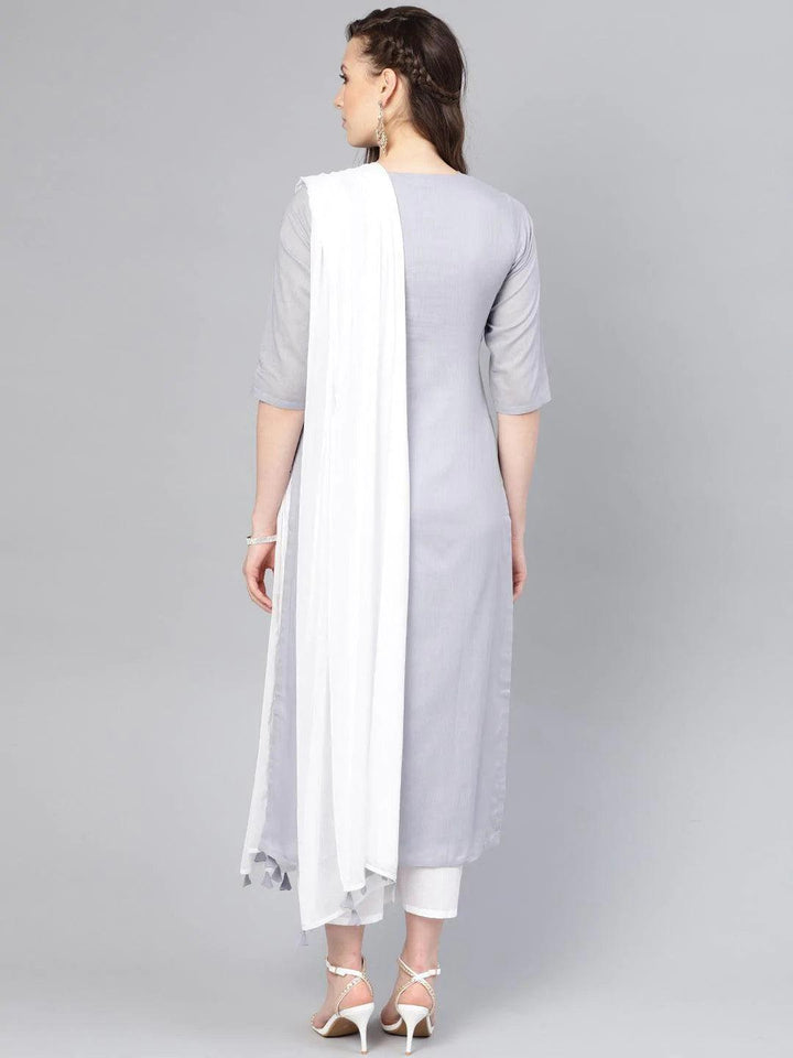 Grey Embroidered Cotton Suit Set