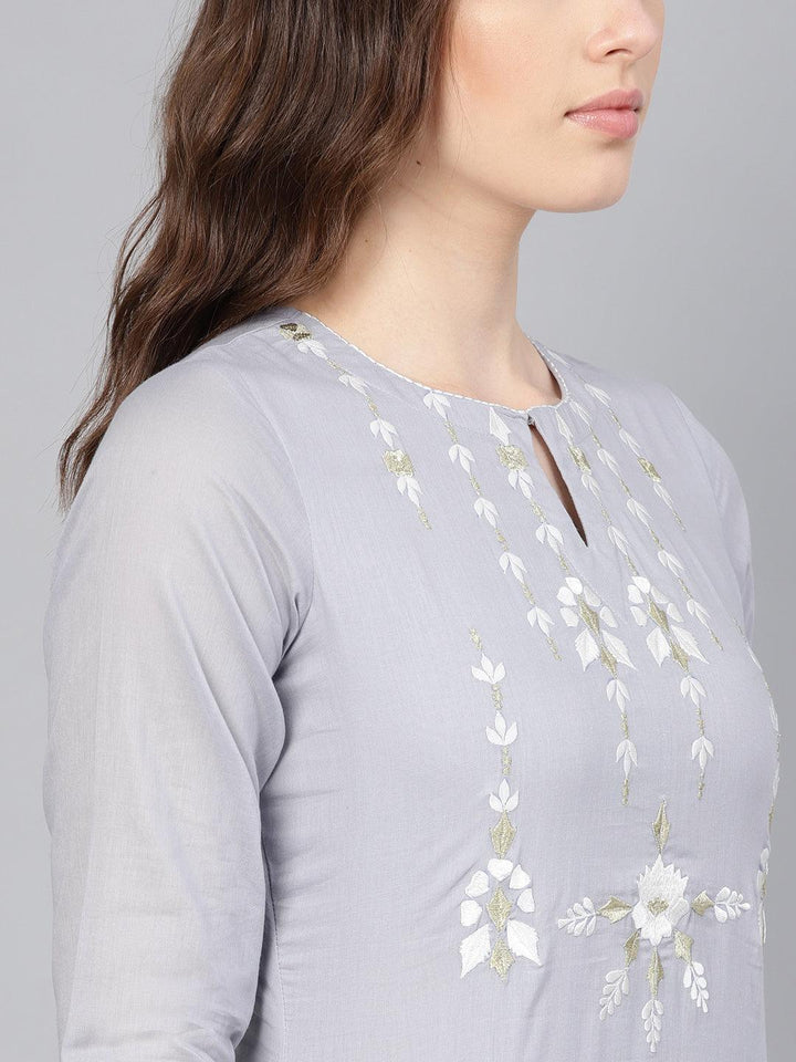 Grey Embroidered Cotton Suit Set