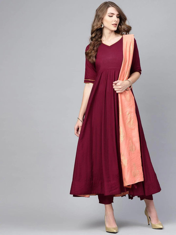 Maroon Self Design Chanderi Suit Set