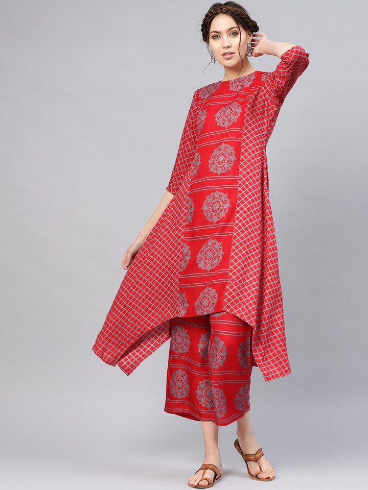Red Printed Rayon Kurta Set