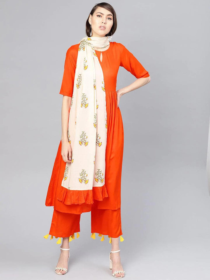 Orange Solid Rayon Kurta Set