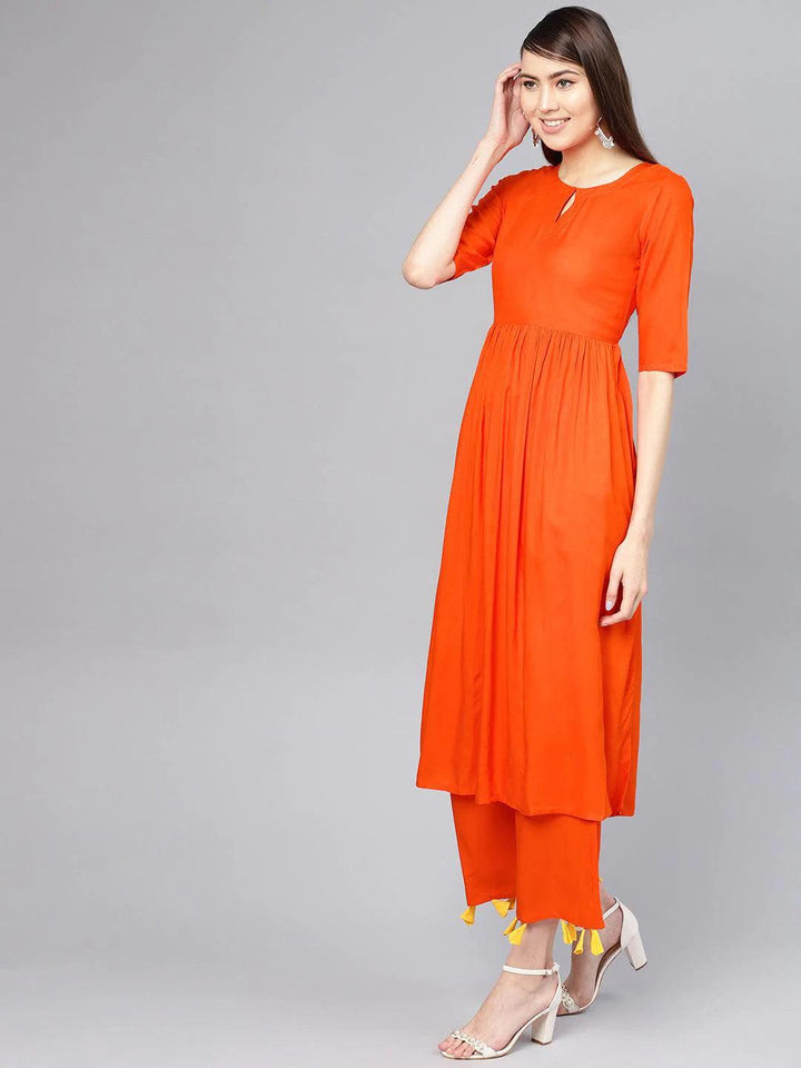 Orange Solid Rayon Kurta Set