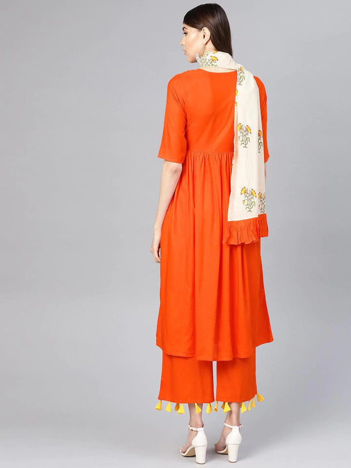 Orange Solid Rayon Kurta Set