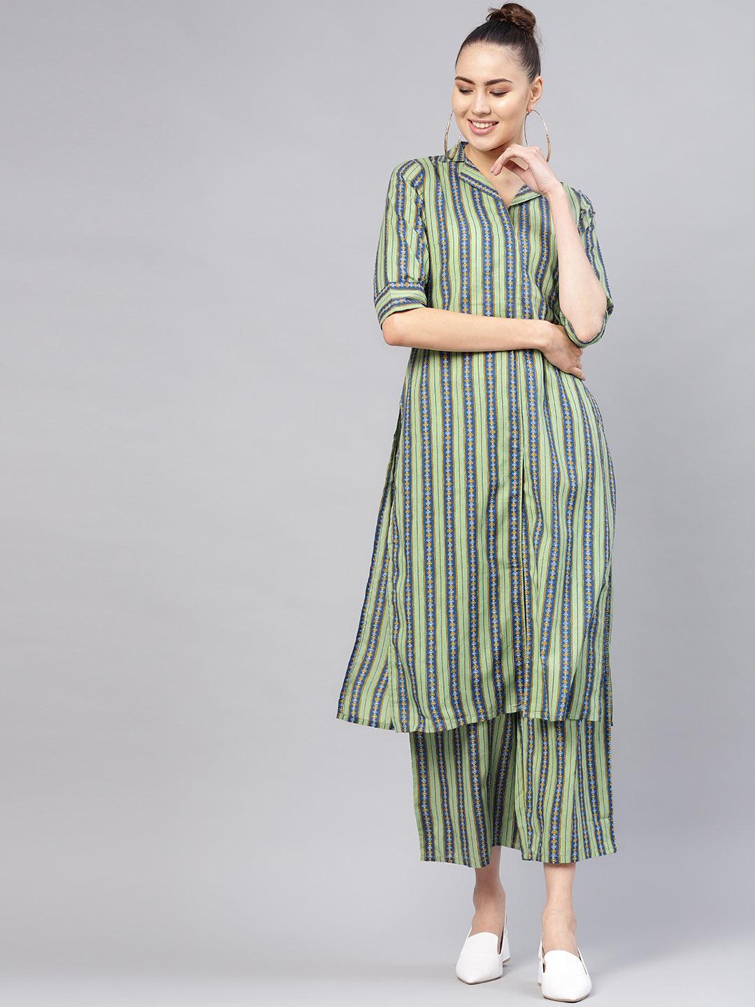 Green Striped Cotton Kurta Set - ShopLibas