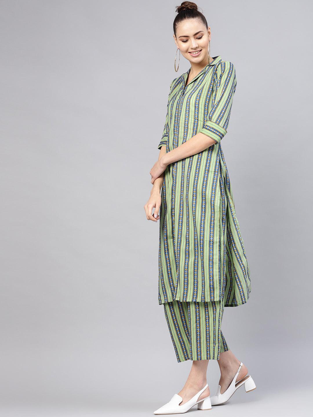 Green Striped Cotton Kurta Set - ShopLibas