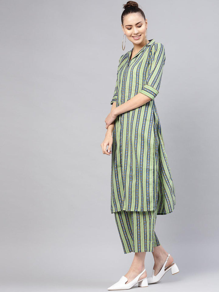 Green Striped Cotton Kurta Set