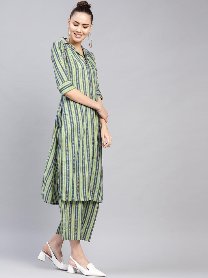 Green Striped Cotton Kurta Set