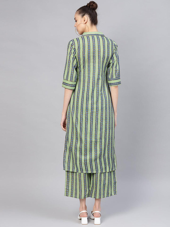 Green Striped Cotton Kurta Set