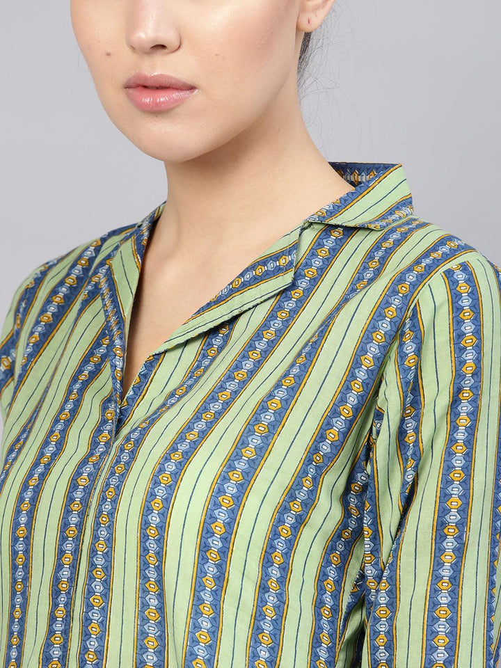 Green Striped Cotton Kurta Set