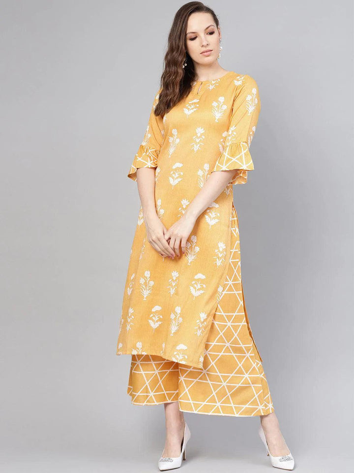Yellow Printed Linen Kurta Set
