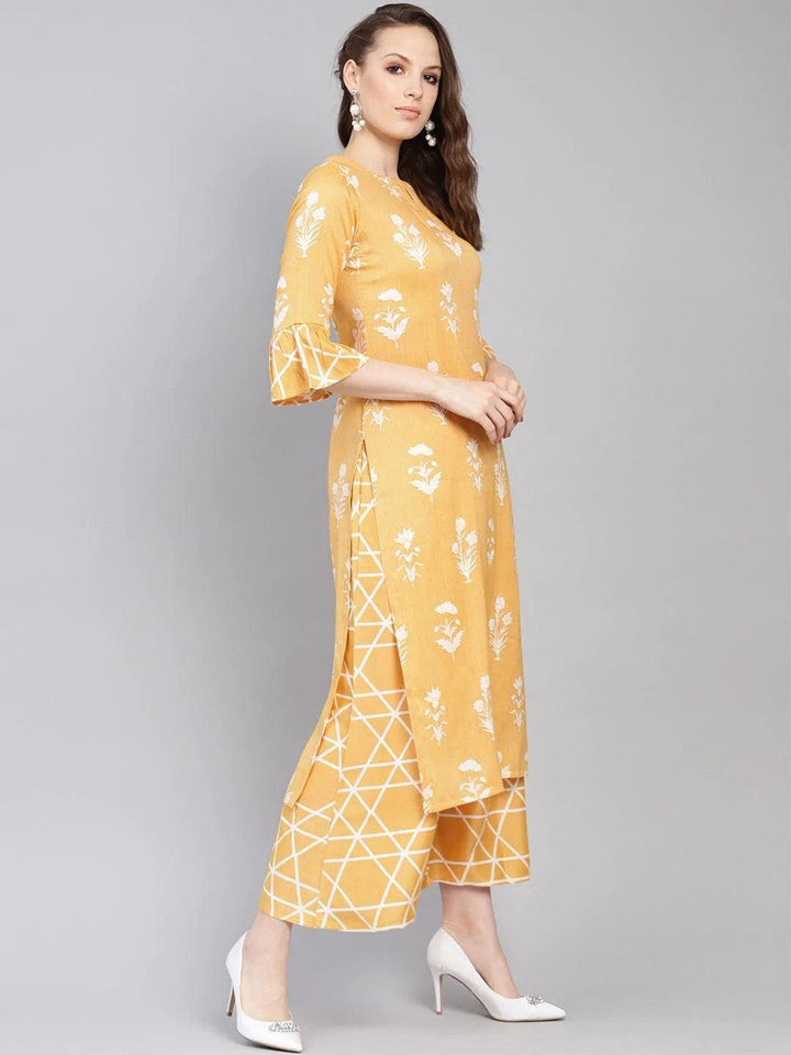 Yellow Printed Linen Kurta Set