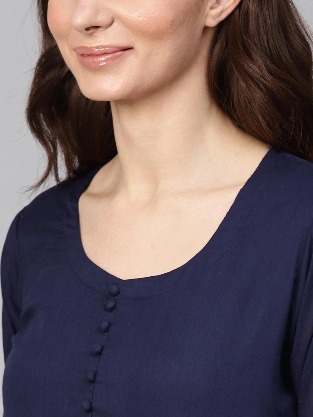 Navy Blue Solid Cotton Suit Set - ShopLibas