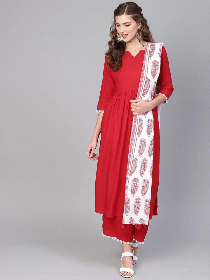Red Solid Rayon Suit Set