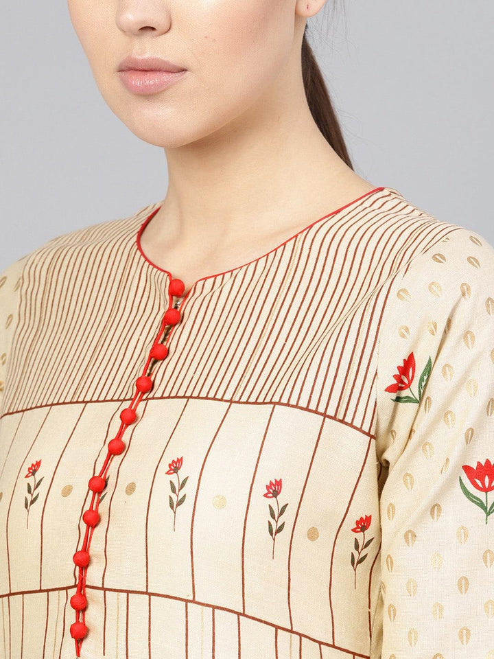 Beige Printed Cotton Kurta Set