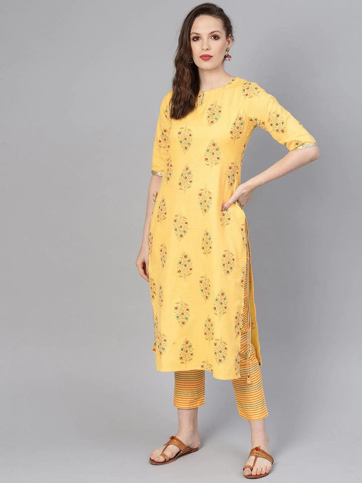 Yellow Printed Cotton Kurta Set