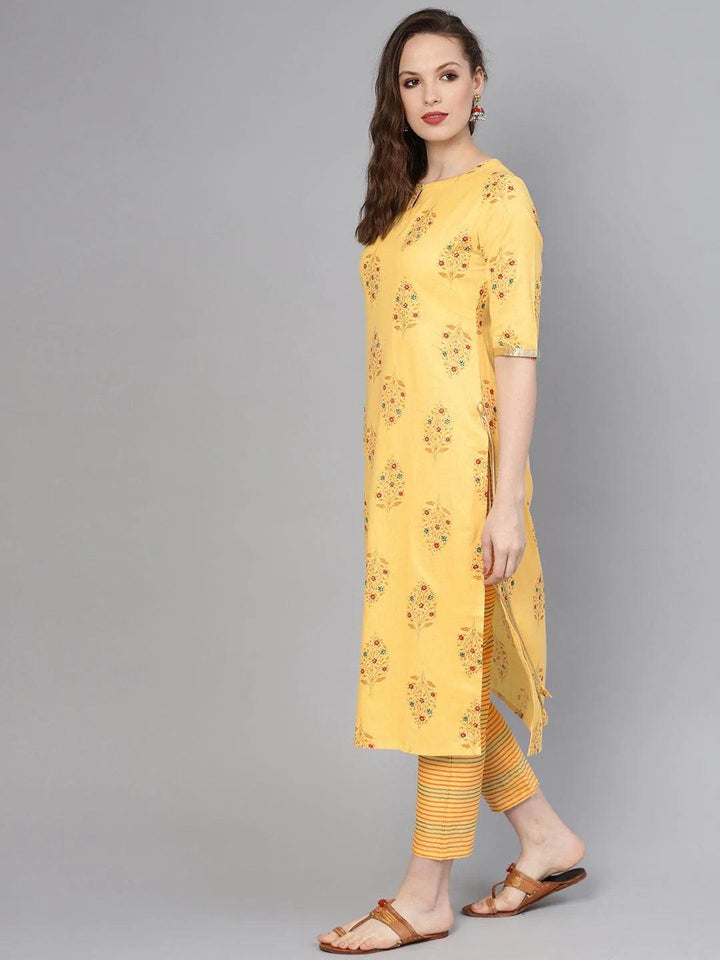 Yellow Printed Cotton Kurta Set
