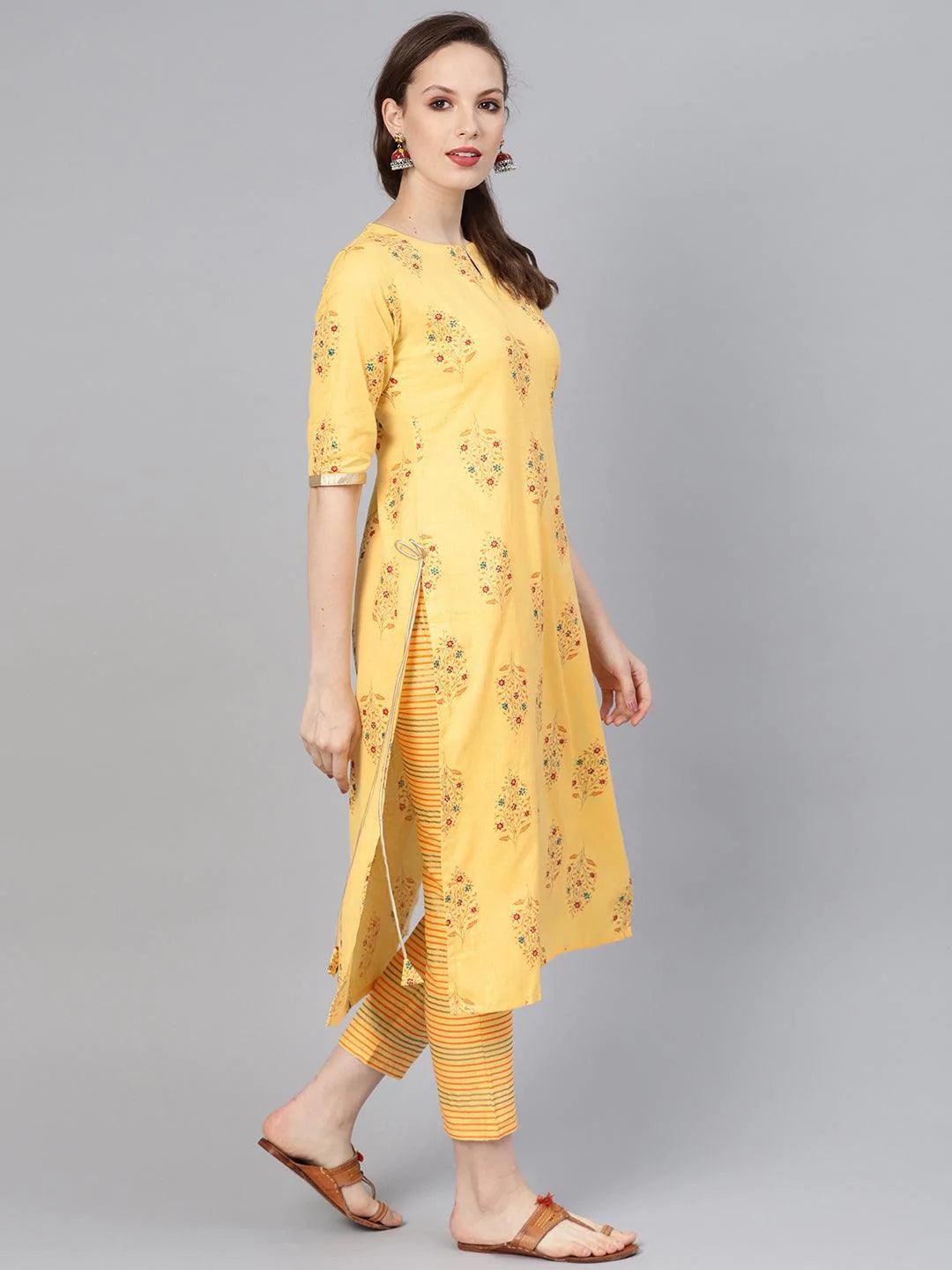 Yellow Printed Cotton Kurta Set - ShopLibas