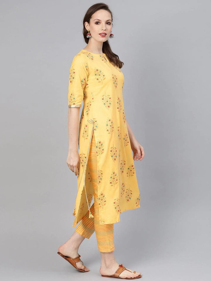 Yellow Printed Cotton Kurta Set