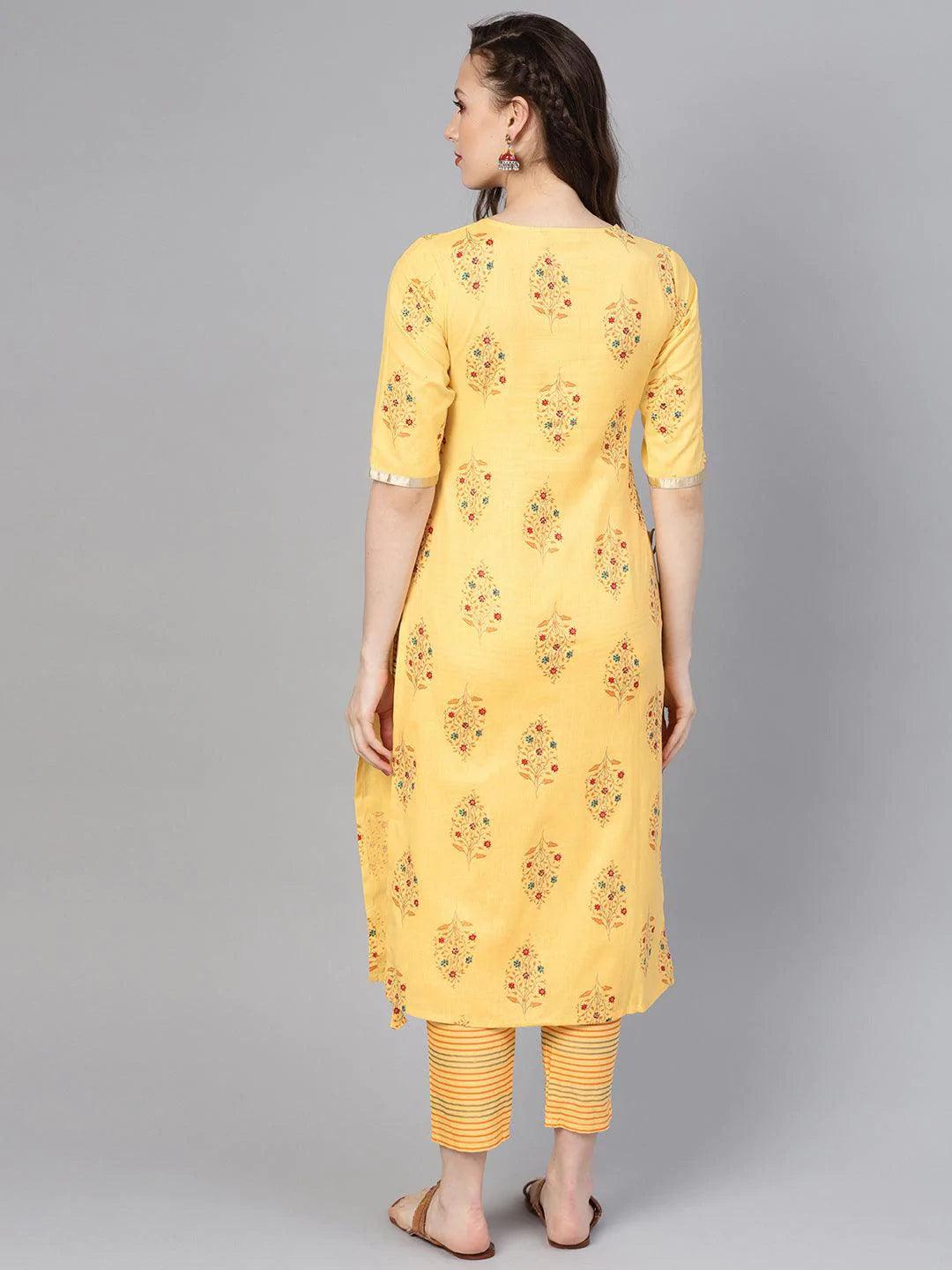 Yellow Printed Cotton Kurta Set - ShopLibas