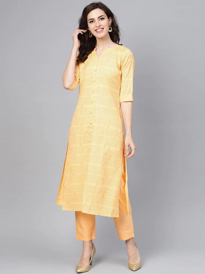Yellow Checkered Cotton Kurta Set