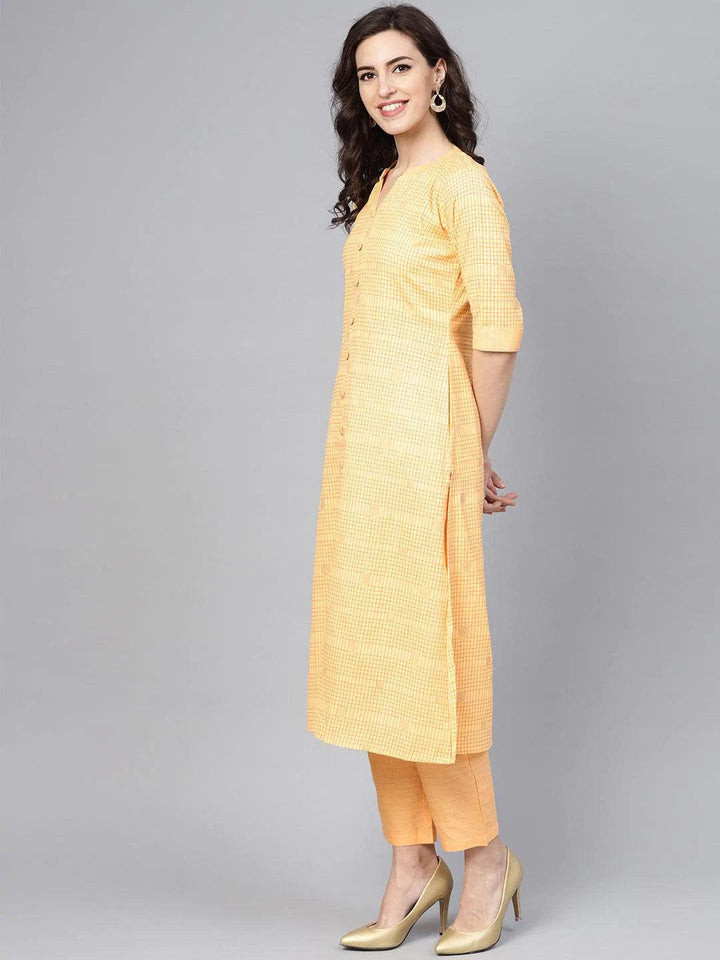 Yellow Checkered Cotton Kurta Set