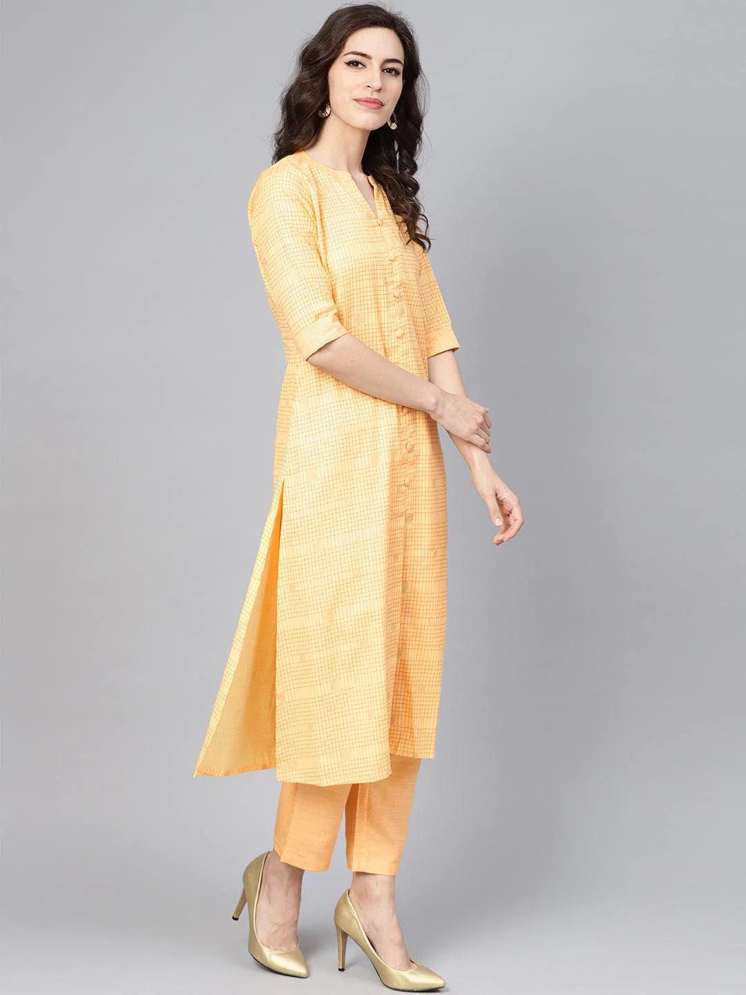 Yellow Checkered Cotton Kurta Set - ShopLibas