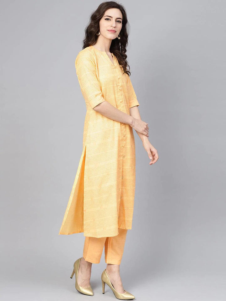 Yellow Checkered Cotton Kurta Set