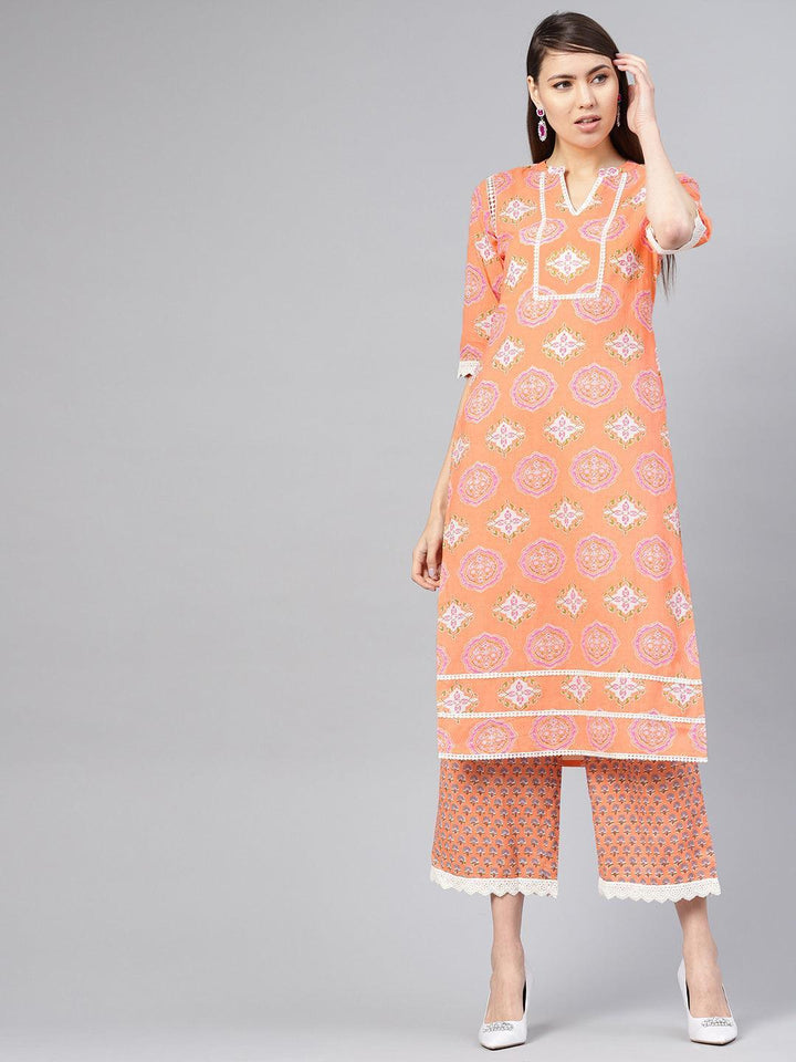 Orange Printed Cotton Kurta Set