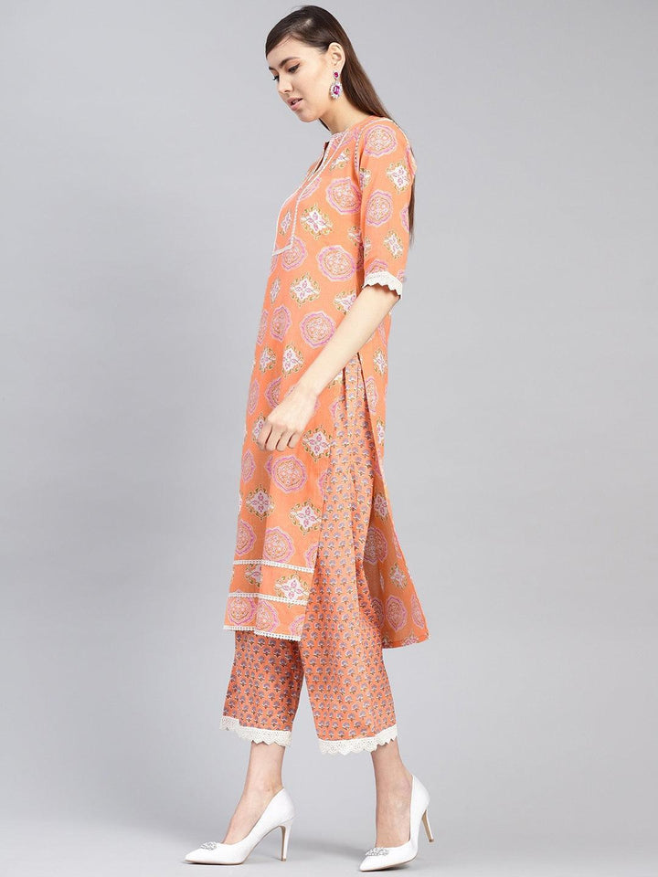 Orange Printed Cotton Kurta Set