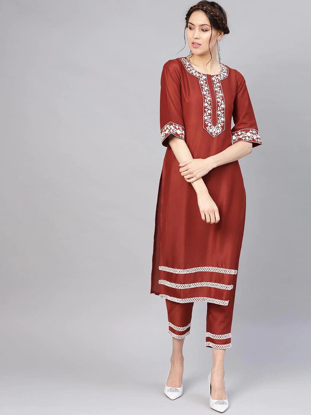 Rust Embroidered Silk Kurta Set - ShopLibas