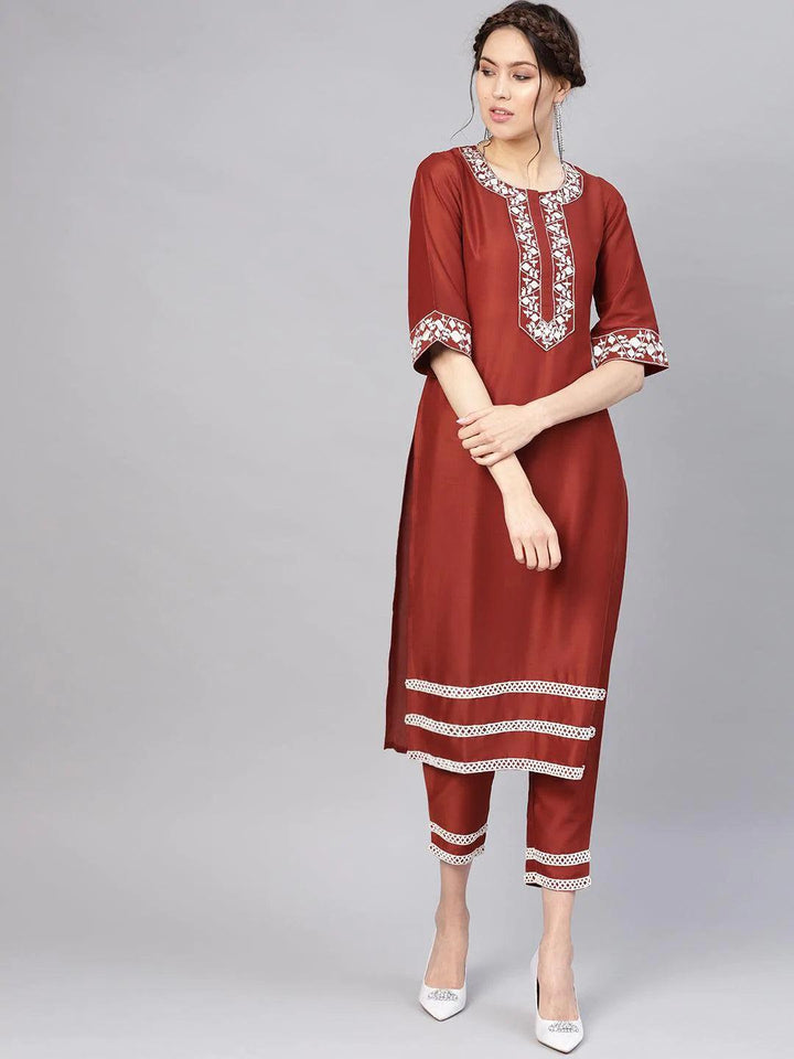 Rust Embroidered Silk Kurta Set