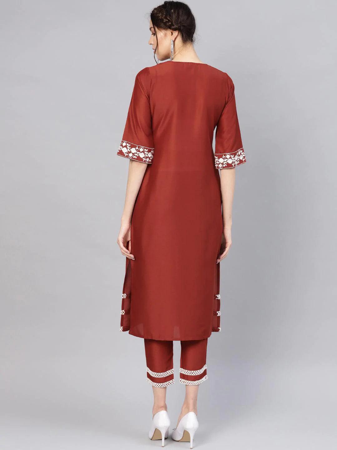 Rust Embroidered Silk Kurta Set - ShopLibas