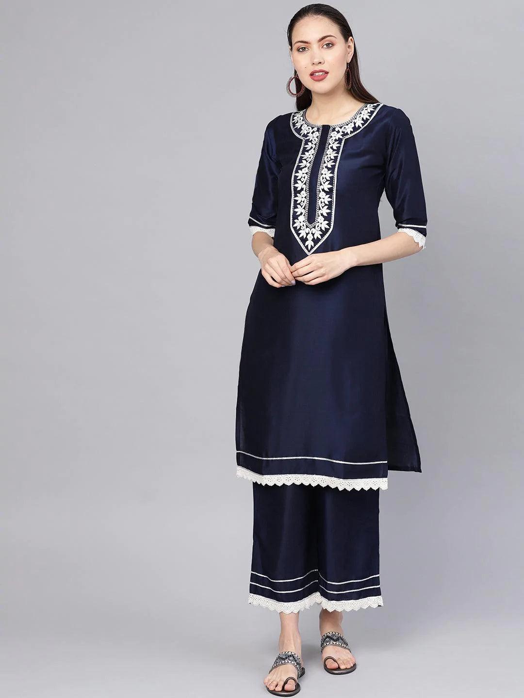 Navy Blue Embroidered Silk Kurta Set - ShopLibas