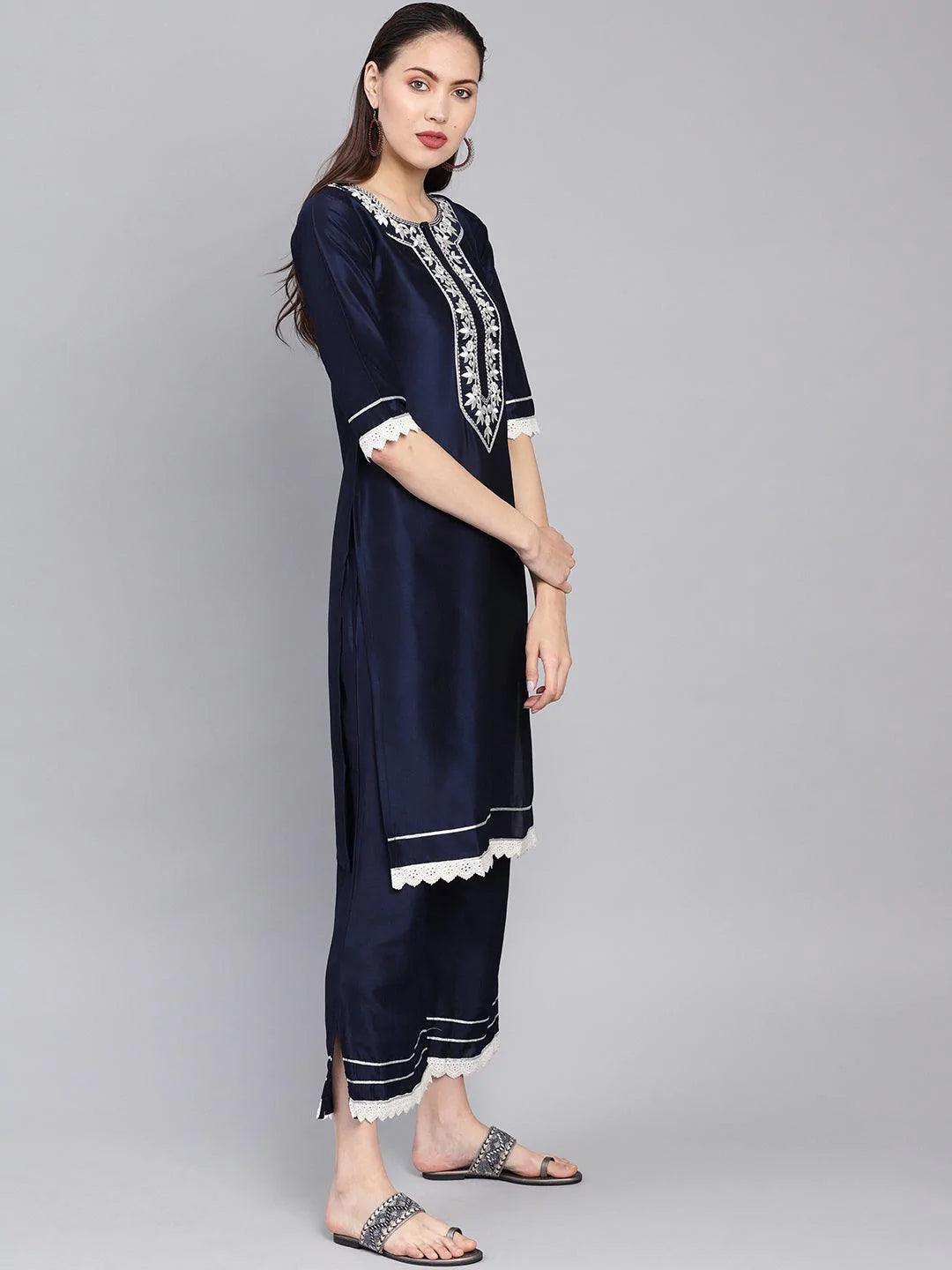 Navy Blue Embroidered Silk Kurta Set - ShopLibas
