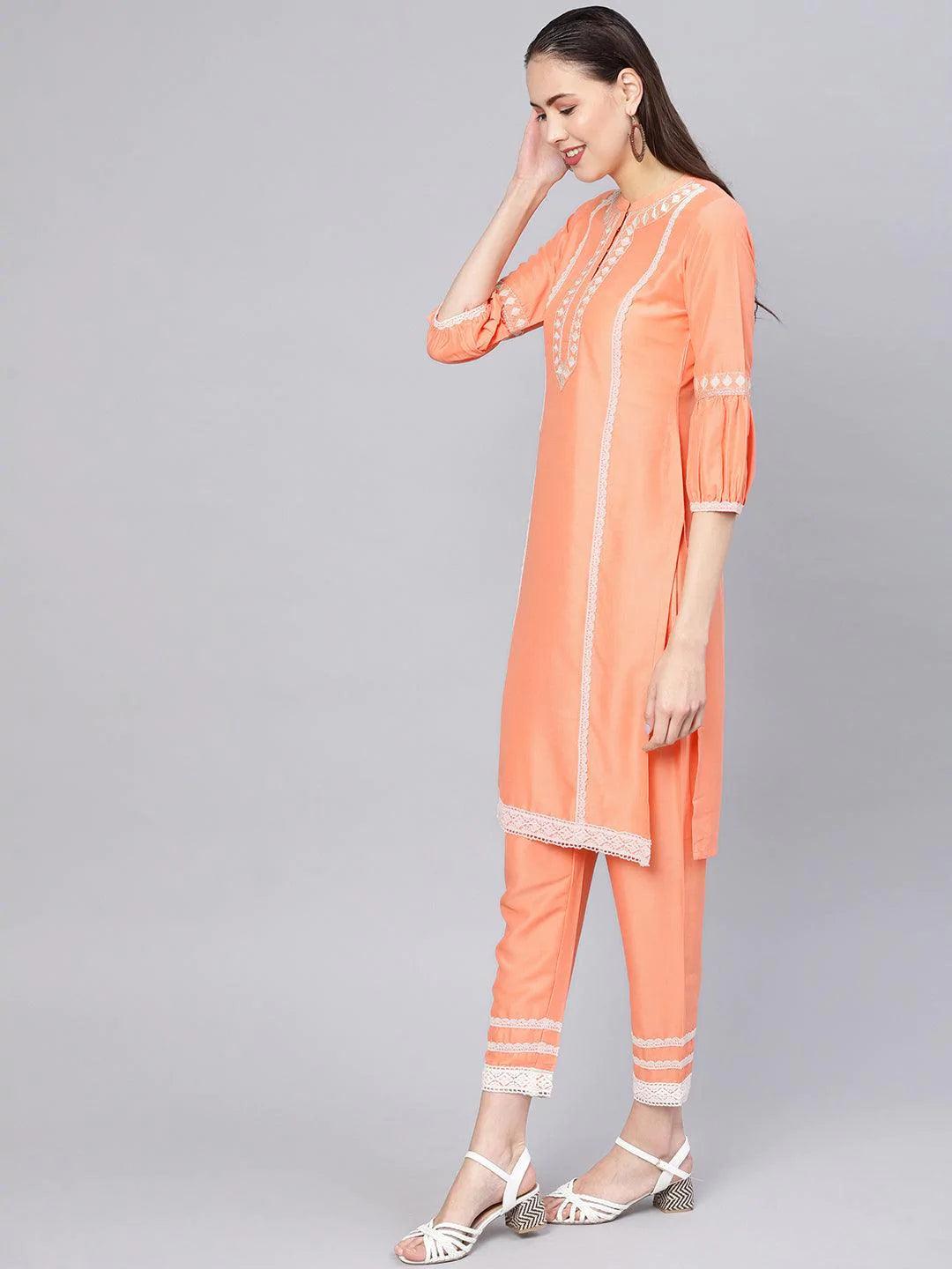 Peach Embroidered Silk Kurta Set - ShopLibas