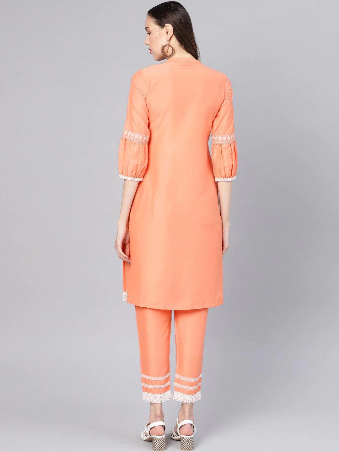 Peach Embroidered Silk Kurta Set - ShopLibas