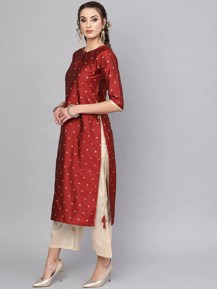 Maroon Embroidered Polyester Kurta Set