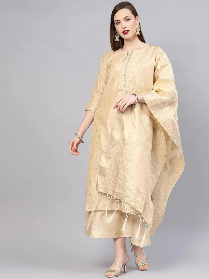 Beige Embroidered Chanderi Suit Set