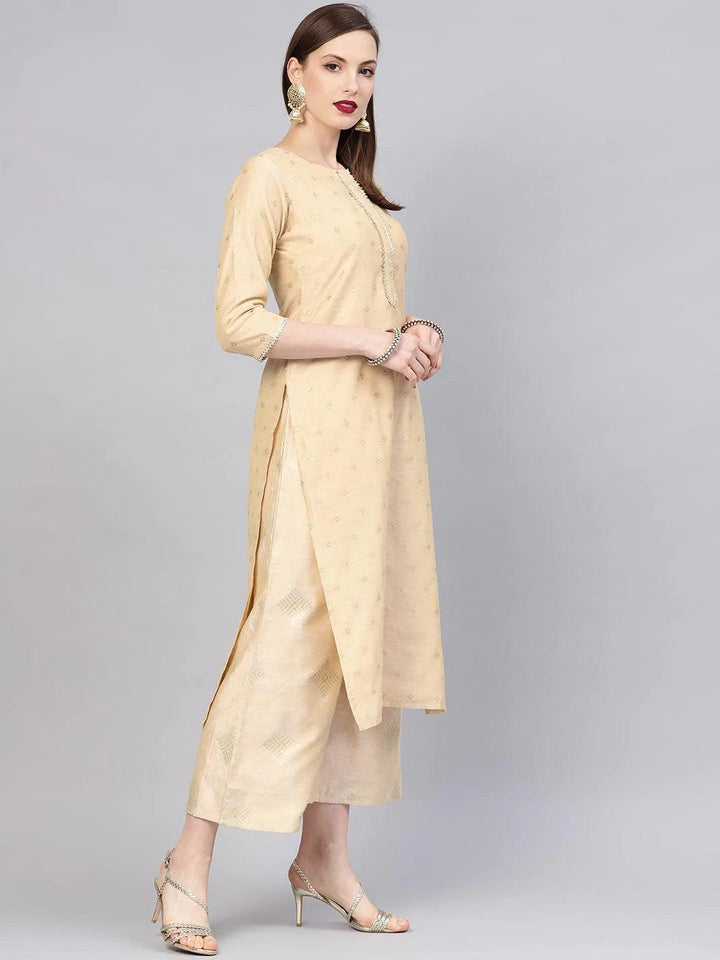 Beige Embroidered Chanderi Suit Set