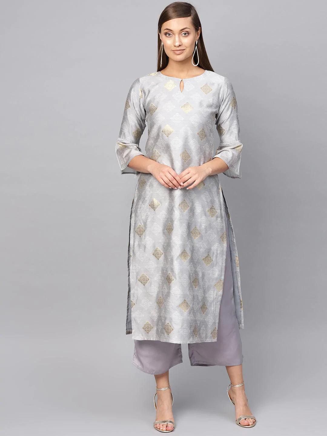 Grey Embroidered Polyester Kurta Set - ShopLibas