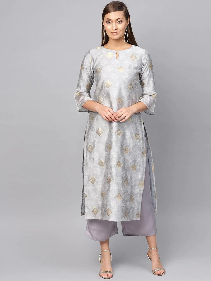 Grey Embroidered Polyester Kurta Set