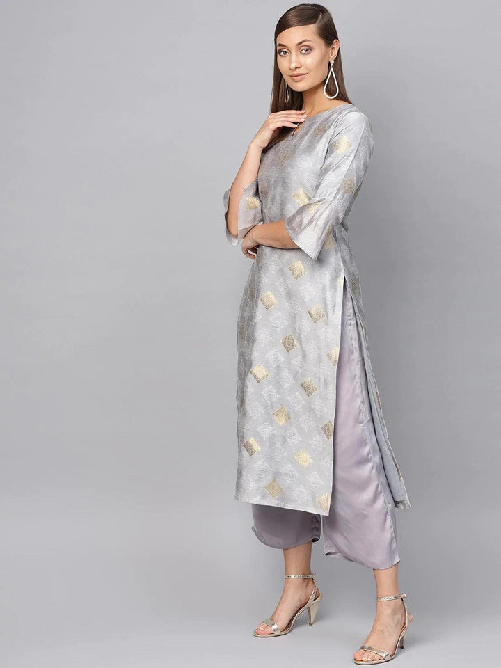 Grey Embroidered Polyester Kurta Set