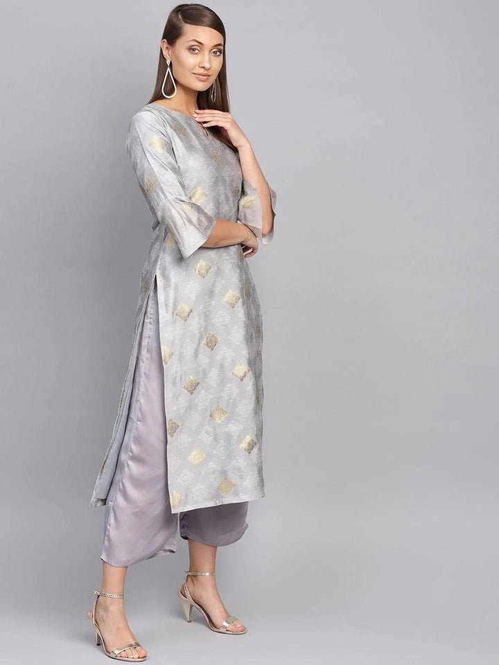 Grey Embroidered Polyester Kurta Set